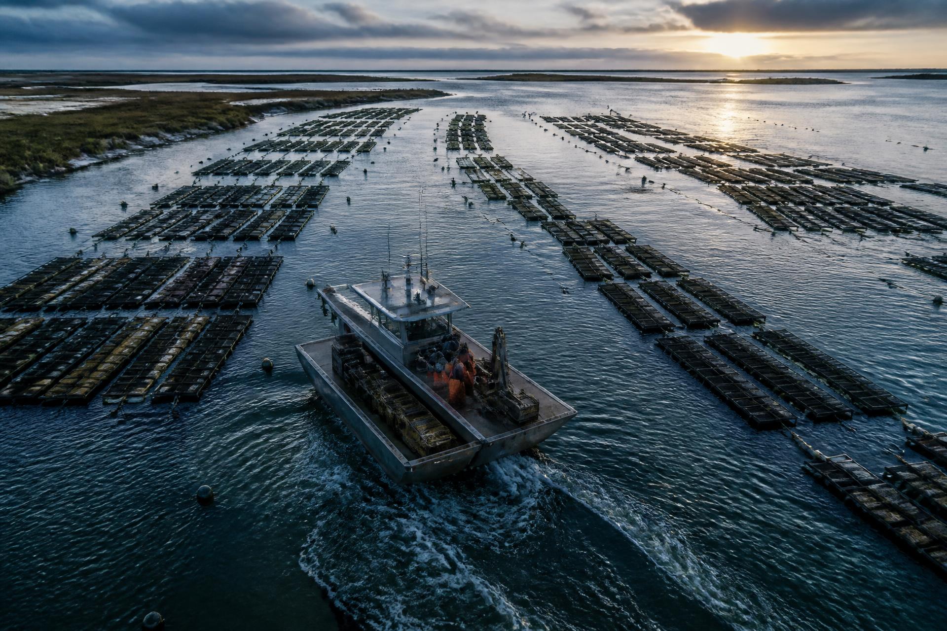 Aerial view of coastal industrial and environmental infrastructure with a working vessel on open water